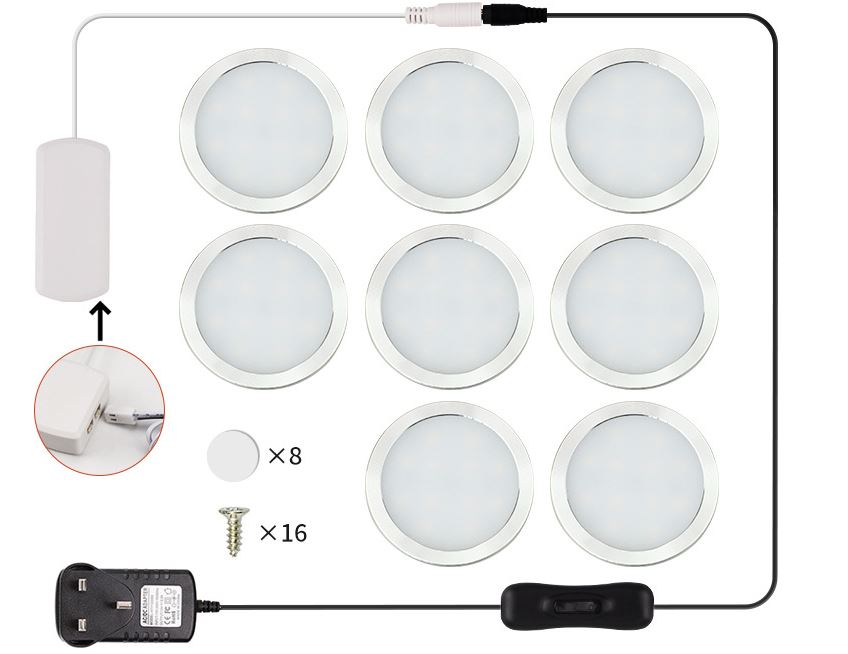 (image for) 8 pack Wired led Puck Lights with Remote Led Under Cabinet Lighting Dimmable Closet Light application for Cabinet, Shoe Cabinet, Porch, Mirror Cabinet, Desk, Wardrobe, Wine Cabinet