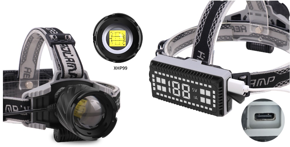 (image for) 300M irradiation distance led headlamp XHP99 LED chip, 7000mAH 4.2V lithium battery LED headlamp for Fishing, caving, daily carrying, Aluminum alloy super telescopic zoom