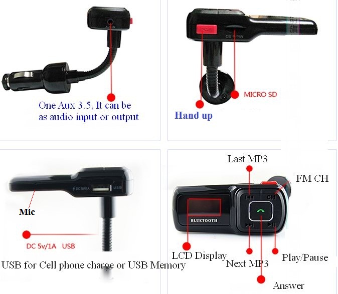 (image for) Bluetooth car kit 8GB SD, FM, Aux 3.5, plug on cigarette socket - Click Image to Close