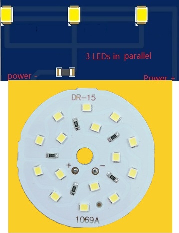 (image for) 15W LED light PCB board use 9V High Volt LED Chip to parallel LEDs directly in order to avoid one being defective.