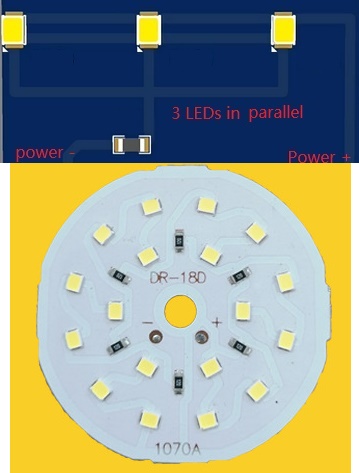 (image for) 18W LED PCB board use 9V High Volt LED Chip to parallel LEDs directly in order to avoid one being defective.