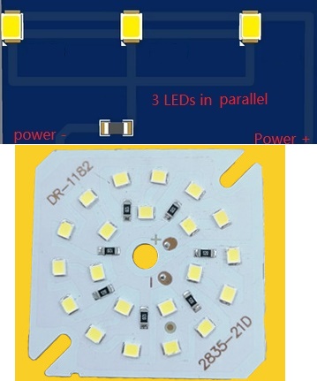 (image for) 21W LED PCB board use 9V High Volt LED Chip parallel directly in order to avoid one being defective and the whole light will not turn on