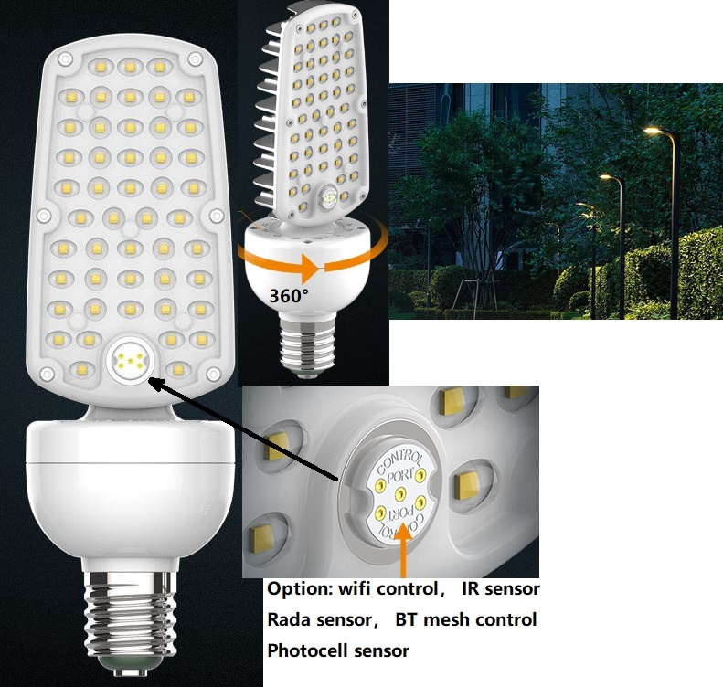 (image for) 50W LED Parallel plug light, waterproof outdoor led bulb E39 E26 LED horizontal plug light, LED plug street lamp, Radar sensing, human body sensing, light sensing, Bluetooth control or WiFi