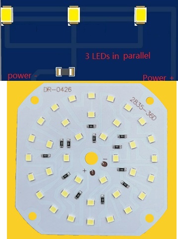 (image for) 36W LED PCB board use 9V High Volt LED Chip parallel directly in order to avoid one being defective and the whole light will not turn on