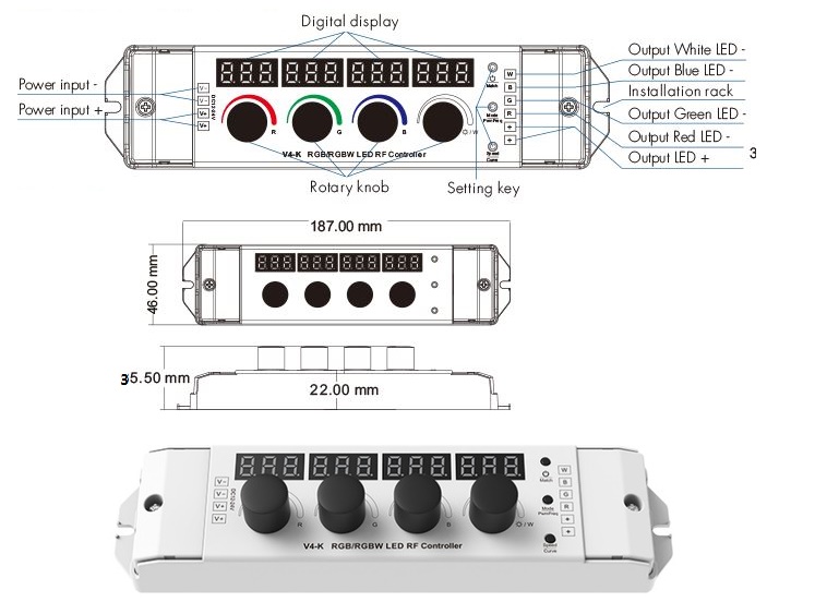 (image for) 4CH*4A 12V-24V DC Constant voltage Knob RGBW Controller, rotary control DC dimmer swich, DC Dimmer 12V, 24V PWM Dimmer switch