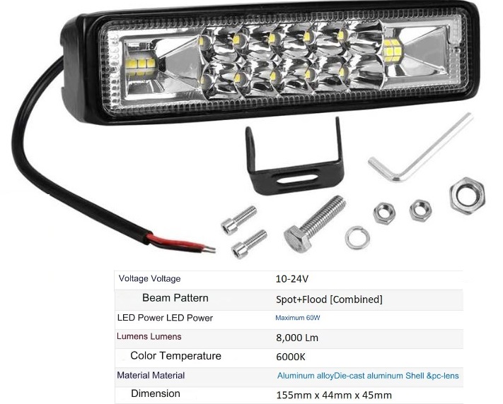 (image for) Marine 6" Inch LED Light Bar, LED 60W Work Light Bar IP68 Waterproof Car Headlights Assembly 12-24V Spot Beam Lamps, Light Bar for Truck, Marine, Boat