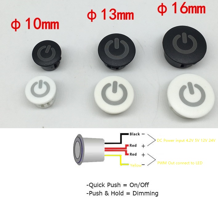 (image for) Touch On/Off 3 step dimming, PWM dimming, Memory brightness dimmer switch for Dimming dc led lights, 3V, 3.7V-4.2V, 5V dimmer switch for dc led lights, 12V 24V Dimmer Switch marine