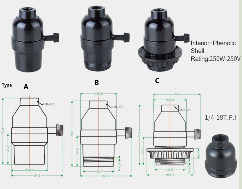 (image for) E26 3 Way Lamp Socket Replacement, 3-Way Turn Knob Lamp Socket, 3-way 2-circuit switch socket for 3-way LED bulb Black Phenolic, cUL Listed - Click Image to Close