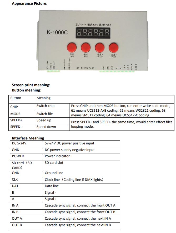 DC5-24V Addressable Programmable Controller with SD Card k-1000C