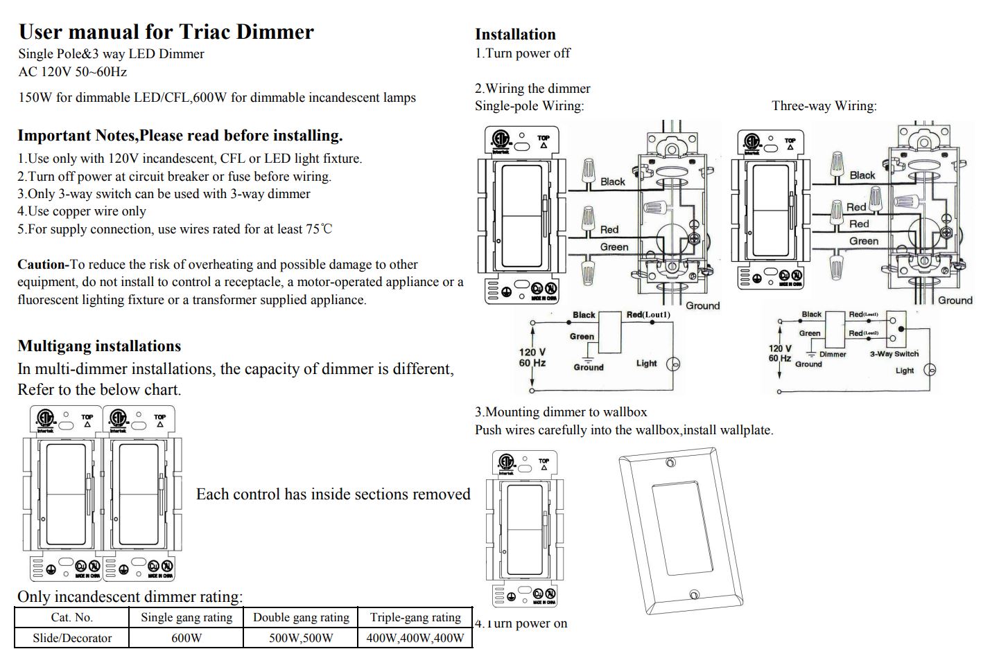 (image for) 600W 120V Slide TRIAC LED dimmer wall switch ETL cETL approval