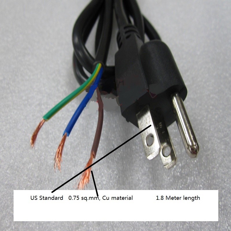 3 pin power plug american standard 0.75 sq.mm wire, 1.8m length