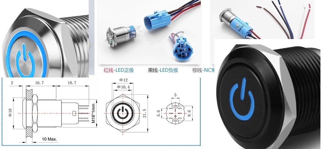 (image for) 16mm IP67 IK10 Push Button led Indicating Micro switch 5A - Click Image to Close